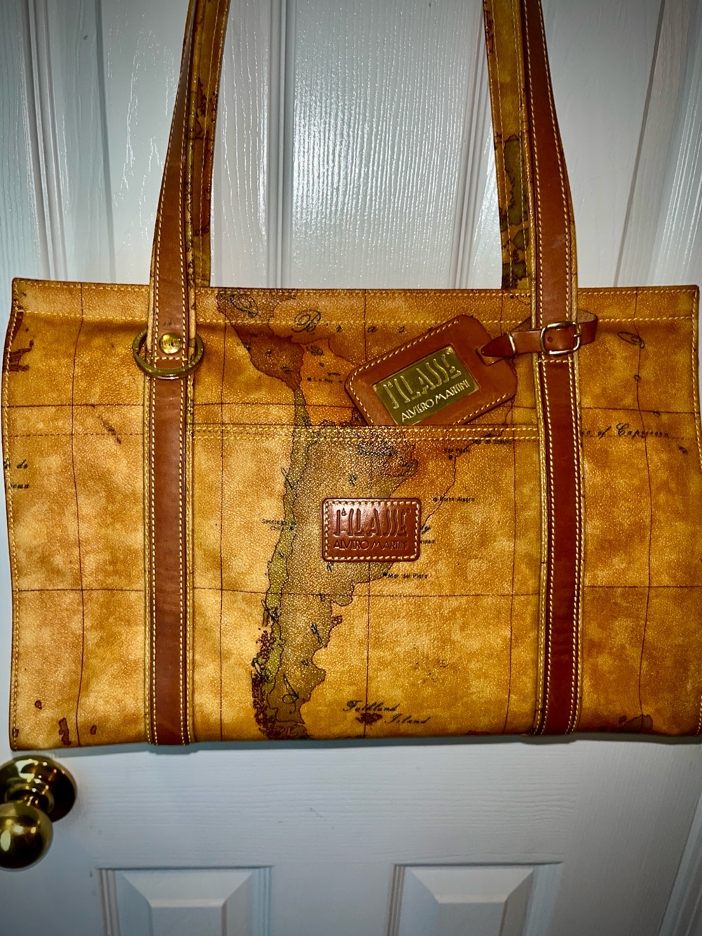 Like New/Large Alviero Martini Brown, Gold and Tan Map Print Shoulder Tote